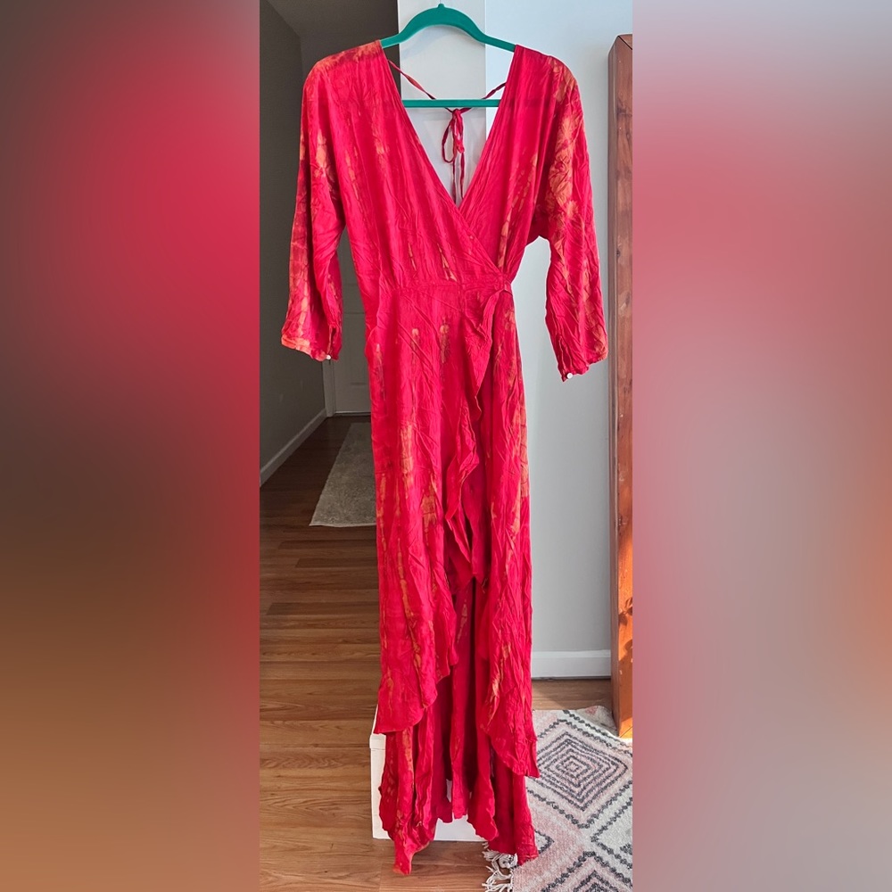 Red Maxi Wrap Dress with Gold Accents
